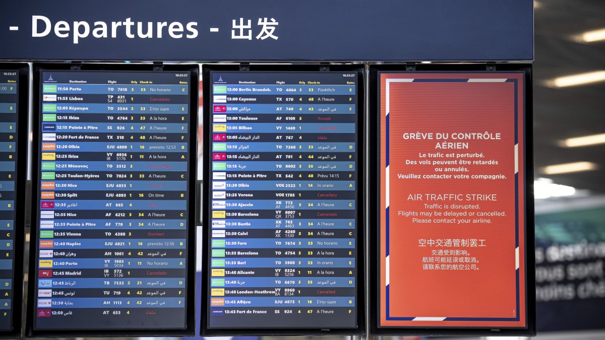 A departures information board is seen at Orly airport, near Paris, as French air traffic controllers launched a two-day strike to demand better working conditions. AP A departures information board is seen at Orly airport, near Paris, as French air traffic controllers launched a two-day strike to demand better working conditions. AP