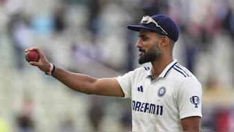 India's Akash Deep celebrates his ten-wicket haul in the game after their win against England on day five of the second cricket test match at Edgbaston. AP