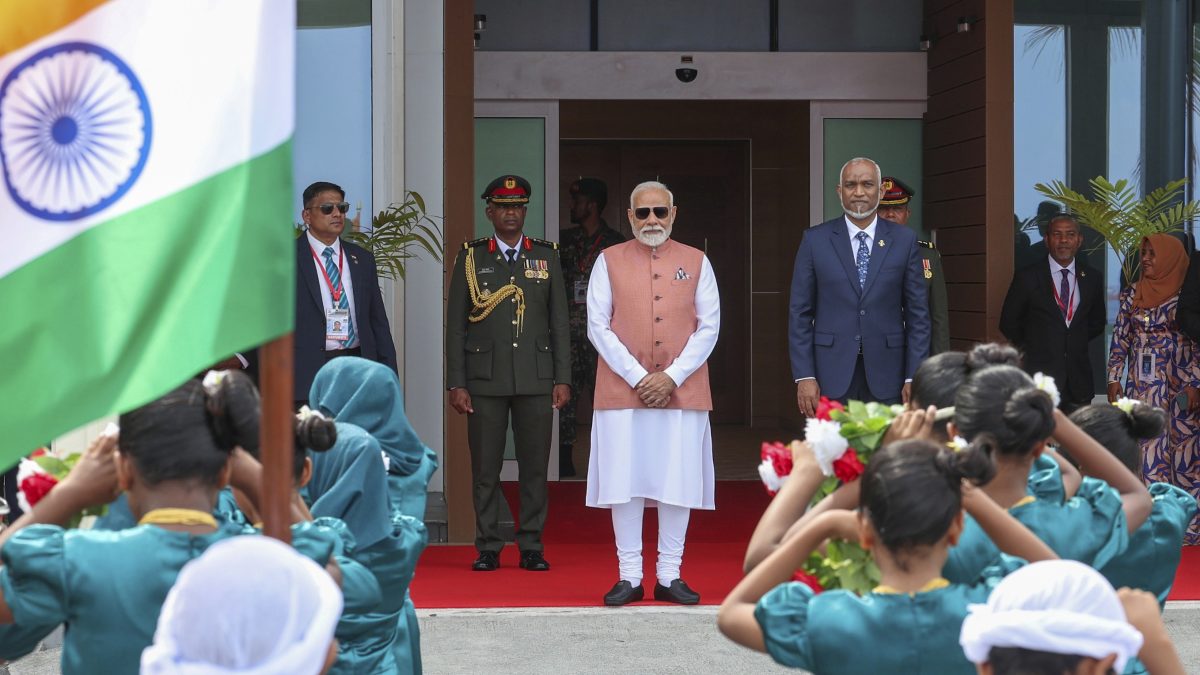 Indian Prime Minister Narendra Modi, center, and Maldives President Mohamed Muizzu, center right, watch a traditional welcome dance upon Modi's arrival at the airport, on Friday, Male, Maldives. AP Indian Prime Minister Narendra Modi, center, and Maldives President Mohamed Muizzu, center right, watch a traditional welcome dance upon Modi's arrival at the airport, on Friday, Male, Maldives. AP