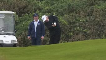 President Donald Trump plays golf at the Trump Turnberry golf course in Turnberry, Scotland. AP