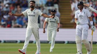 India pacer Akash Deep celebrates after dismissing English batting star Joe Root on Day 4 of the second Test at Edgbaston. Reuters