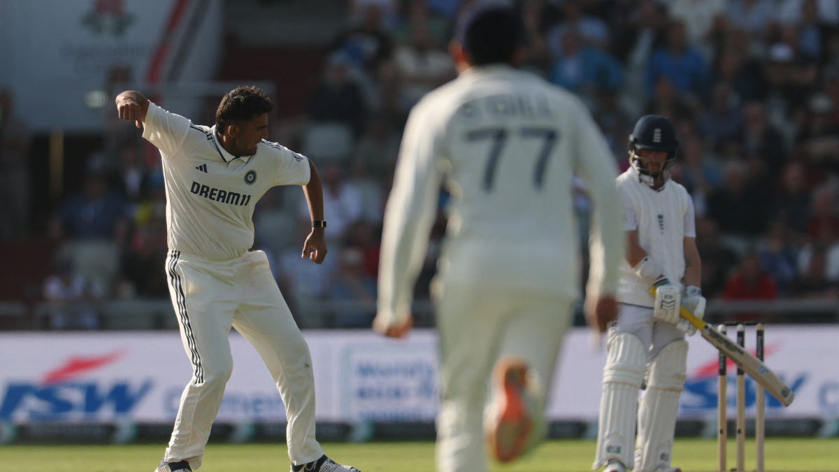 Anshul Kamboj celebrates after dismissing England opener Ben Duckett to grab his maiden international wicket. Reuters Anshul Kamboj celebrates after dismissing England opener Ben Duckett to grab his maiden international wicket. Reuters