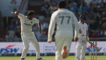 Anshul Kamboj celebrates after dismissing England opener Ben Duckett to grab his maiden international wicket. Reuters