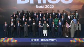 Prime Minister Narendra Modi and other members, partners and outreach invitees gather for the family photo at the 17th BRICS Summit in Rio de Janeiro. ANI