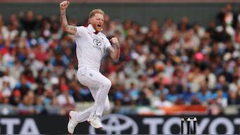 Ben Stokes leaps up with joy after dismissing KL Rahul on Day 5 at Old Trafford. Reuters