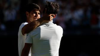 Carlos Alcaraz was stretched to five sets by Fabio Fognini but the defending champion survived on Day 1 of Wimbledon 2025. Image: Reuters
