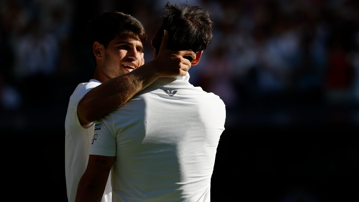 Carlos Alcaraz was stretched to five sets by Fabio Fognini but the defending champion survived on Day 1 of Wimbledon 2025. Image: Reuters
Carlos Alcaraz was stretched to five sets by Fabio Fognini but the defending champion survived on Day 1 of Wimbledon 2025. Image: Reuters