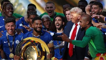 Donald Trump was on the stage as Chelsea players celebrated winning the Club World Cup final against PSG. Image: Reuters