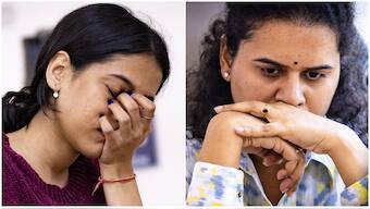 Divya Deshmukh and Koneru Humpy in action in Game 1 of the FIDE Women's World Cup Final in Batumi, Georgia. Image credit: FIDE