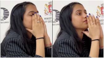 Divya Deshmukh reacts after defeating higher-ranked Zhu Jiner to reach the quarter-finals of the FIDE Women's World Cup in Batumi, Georgia. Image credit: Screengrab/FIDE