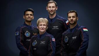 Indian astronaut Subhanshu Shukla with Peggy Whitson from the US, Slawosz Uznanski-Wisniewski from Poland and Tibor Kapu from Hungary. AP