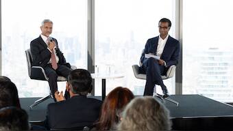 Minister of External Affairs S Jaishankar speaks to Newsweek CEO Dev Pragad at 1 World Trade Center on Monday, June 30, 2025, in New York City. (Photo: X/S Jaishankar) 