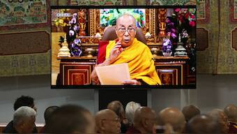 Tibetan leader the Dalai Lama speaks in a video broadcast at the start of the 15th Tibetan Religious Conference, a meeting of religious leaders in McLeod Ganj, near Dharamsala on July 2, 2025. (Photo: Sanjay Baid/AFP)
