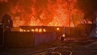The photograph shows a building on fire from the Russian aerial attack on Ukraine involving 741 drones and missiles on the night of Tuesday, July 8, 2025. (Photo by State Emergency Service of Ukraine via Ukrainian presidency) 
