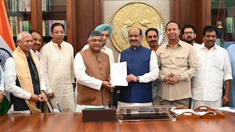 A multipartisan group of MPs submit a notice to Lok Sabha Speaker Om Birla to seek the impeachment of Justice Yashwant Varma. (Photo: ANI)