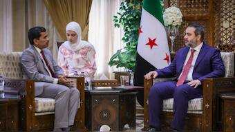 Suresh Kumar, the Director of the West Asia and North Africa (WANA) Division at the Ministry of External Affairs (MEA), holds talks with Syrian foreign minister Asaad Hassan Al-Sheibani in Damascus, Syria, on Monday, July 28, 2025. (Photo: Ministry of Foreign Affairs and Expatriates, Syria)