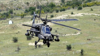 (File) A Greek Apache helicopter flies as Nato holds training exercise 'Immediate Response' drills with host nations at Krivolak army base, North Macedonia, June 2, 2025. Reuters