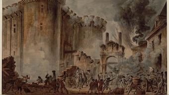 A watercolour painting of the  'Storming of Bastille' which shows the arrest of Bernard René Jourdan, marquis de Launay, the governor of Bastille. Wikimedia Commons