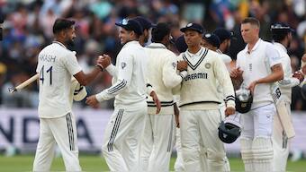Akash Deep celebrates with captain Shubman Gill and the rest of the Indian team after collecting the final wicket to seal India's 336-run victory at Edgbaston. Reuters