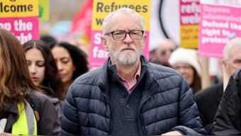 Former Labour leader Jeremy Corbyn takes part in a demonstration against racism, outside the Home Office in London, UK, March 16, 2024. File Image/Reuters