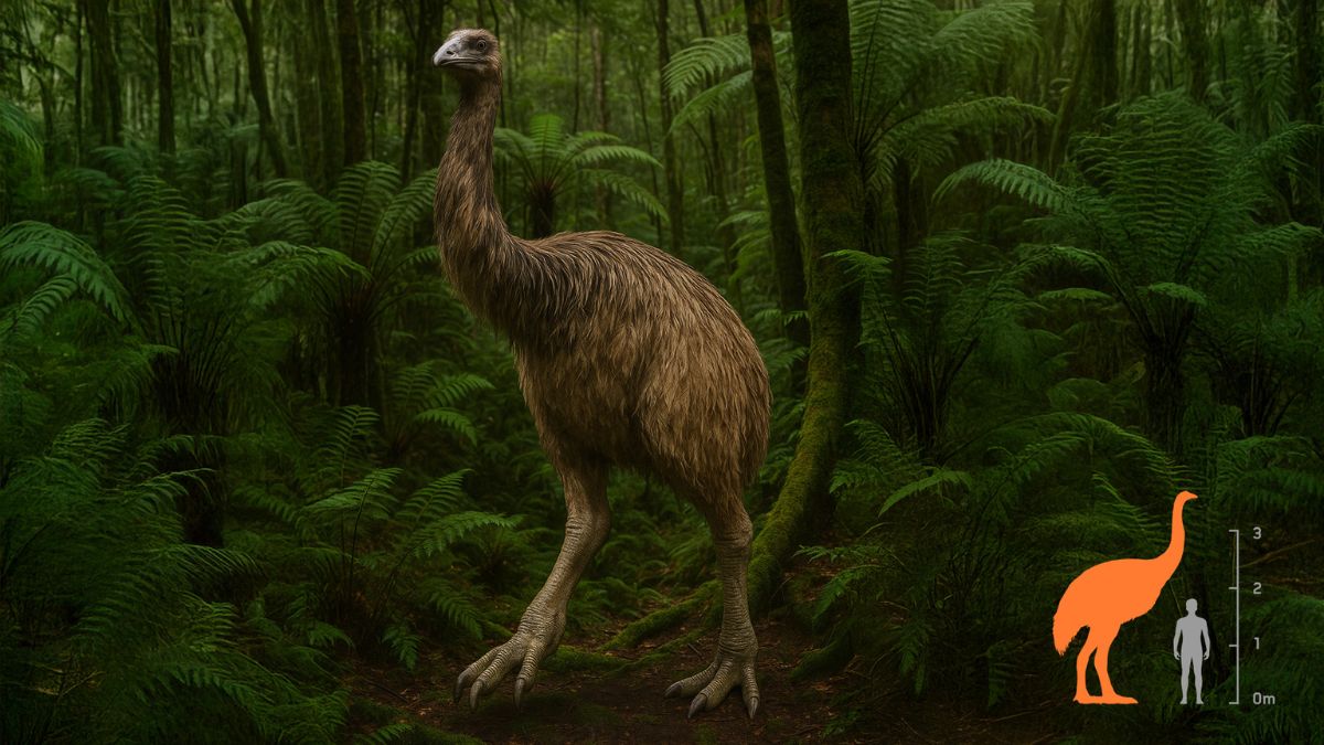 A depiction is represented of the largest species of moa, the South Island giant moa, which once could stand 12 feet (3.6 metres) tall. Image/Colossal Biosciences via AP A depiction is represented of the largest species of moa, the South Island giant moa, which once could stand 12 feet (3.6 metres) tall. Image/Colossal Biosciences via AP