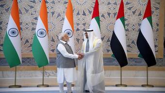 UAE President Sheikh Mohamed bin Zayed Al Nahyan and Indian Prime Minister Narendra Modi pose together for a photograph during an official visit reception in Abu Dhabi on July 15, 2023.
Hamad Al Kaabi/UAE Presidential Court/Handout via REUTERS