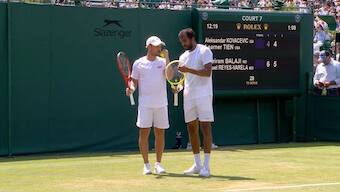 India's N Sriram Balaji and Mexico's Miguel Reyes-Varela in action in the opening round of the Wimbledon men's doubles event. Image credit: X/@asian_tennis