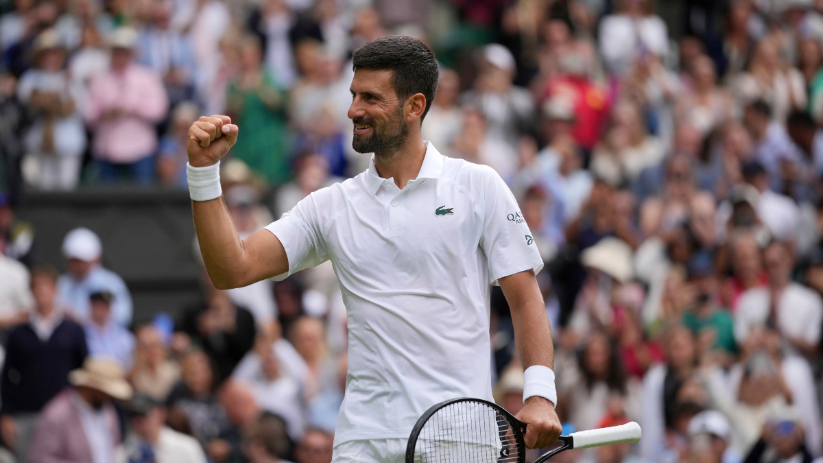 Novak Djokovic celebrates after defeating Alex de Minaur to advance to the Wimbledon quarter-finals on Monday, 7 July. AP Novak Djokovic celebrates after defeating Alex de Minaur to advance to the Wimbledon quarter-finals on Monday, 7 July. AP