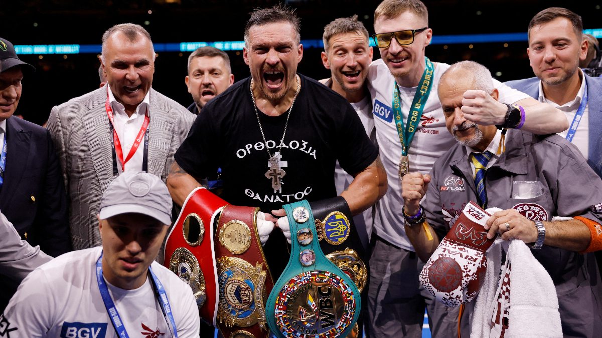Oleksandr Usyk celebrates winning his fight against Daniel Dubois at BoxPark Wembley, London. Image: Reuters
Oleksandr Usyk celebrates winning his fight against Daniel Dubois at BoxPark Wembley, London. Image: Reuters