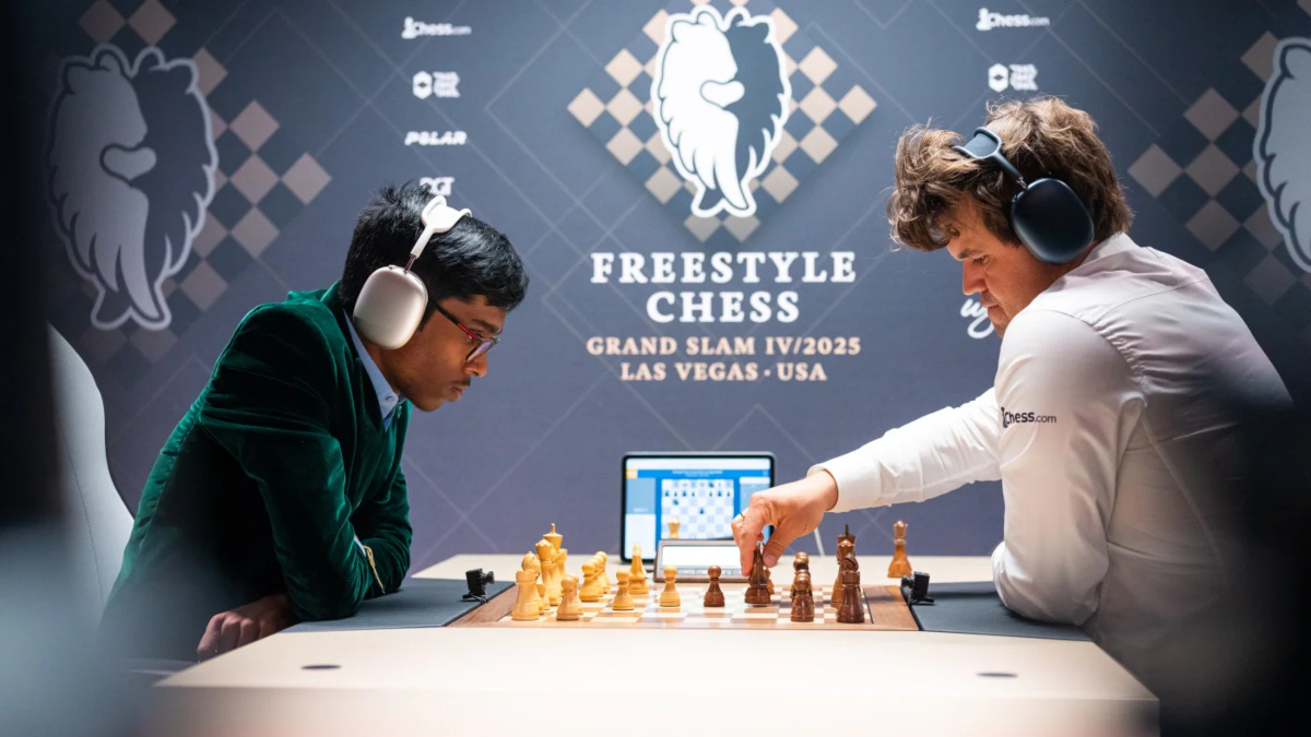 R Praggnanandhaa defeated Magnus Carlsen in just 39 moves in the group stage of Freestyle Chess Las Vegas. Image credit: Freestyle Chess R Praggnanandhaa defeated Magnus Carlsen in just 39 moves in the group stage of Freestyle Chess Las Vegas. Image credit: Freestyle Chess