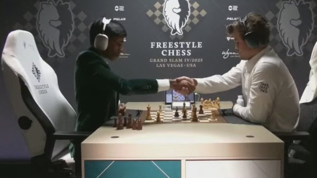 R Praggnanandhaa secured his second win over Magnus Carlsen at the Las Vegas Freestyle Chess event on Saturday. Image: Freestyle Chess
R Praggnanandhaa secured his second win over Magnus Carlsen at the Las Vegas Freestyle Chess event on Saturday. Image: Freestyle Chess