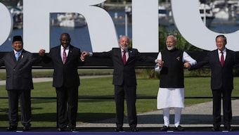 From left, Indonesia's President Prabowo Subianto, South Africa's President Cyril Ramaphosa, Brazilian President Luiz Inacio Lula da Silva, India's Prime Minister Narendra Modi and China's Premier Li Qiang pose for a group photo at the 17th annual BRICS summit in Rio de Janeiro, Sunday, July 6, 2025. (AP Photo)