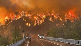 A wildfire rages across a forested area near Cavuslar village, in Karabuk district, northwest Turkey, Wednesday, July 23, 2025. (Ridvan Bostanci/IHA via AP)

