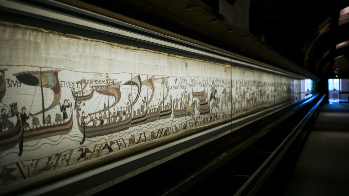 This image shows in detail of the 11th century Bayeux tapestry chronicling the Norman conquest of England in Bayeux, France's Normany. File image/AP This image shows in detail of the 11th century Bayeux tapestry chronicling the Norman conquest of England in Bayeux, France's Normany. File image/AP