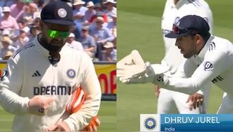 Dhruv Jurel has taken over the wicket-keeping duties for India at Lord's after Rishabh Pant suffered a finger injury. Images: Sky Sports
