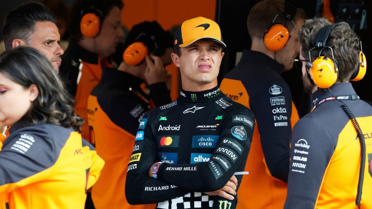 McLaren driver Lando Norris of Britain, center, prior to the sprint race. AP McLaren driver Lando Norris of Britain, center, prior to the sprint race. AP