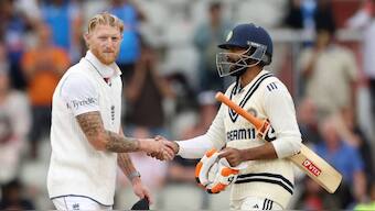 Ben Stokes and Ravindra Jadeja shook hands after Manchester Test end in a draw. AFP