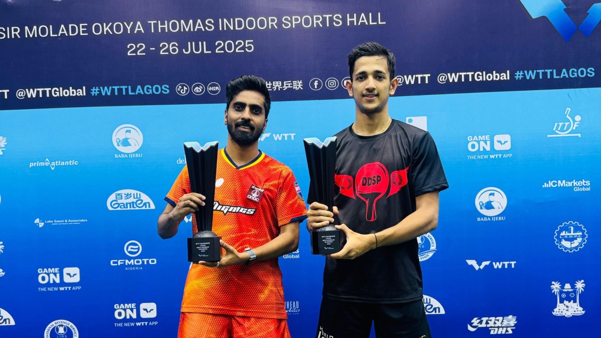 Sathiyan Gnanasekaran and Akash Pal pose with their trophies after being crowned men's doubles champions at the WTT Contender event in Lagos, Nigeria. Image credit: Reliance Foundation Sathiyan Gnanasekaran and Akash Pal pose with their trophies after being crowned men's doubles champions at the WTT Contender event in Lagos, Nigeria. Image credit: Reliance Foundation