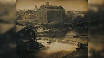 Upstream view along the Seneca River in Seneca Falls, New York, c. 1850. Wesleyan Chapel, the site of the first women's rights convention in US history, is located just north of the river and is now part of the Women's Rights National Historical Park. Image/Smithsonian American Art Museum, Washington, DC