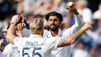 England off-spinner Shoaib Bashir celebrates after taking a wicket. Image: Reuters