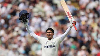 India captain Shubman Gill celebrates after completing his double-century on Day 2 of the second Test against England at Edgbaston, Birmingham. AP