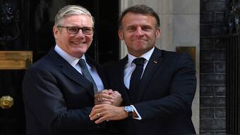 French President Emmanuel Macron meets Britain's Prime Minister Keir Starmer at 10 Downing Street in London, on Thursday for a UK-France summit. AP