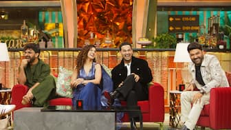 The Great Indian Kapil Show S3. (L to R) Saurabh Dwivedi, Samdish Bhatia, Kamiya Jani , Raj Shamani, Kapil Sharma in The Great Indian Kapil Show S3. Cr. Courtesy of Netflix © 2025