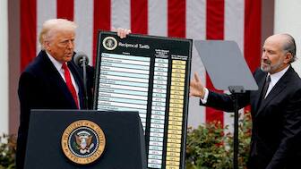 US President Donald Trump holds a chart next to US Secretary of Commerce Howard Lutnick as Trump delivers remarks on tariffs in the Rose Garden at the White House in Washington, DC, US, April 2, 2025. File Image/Reuters