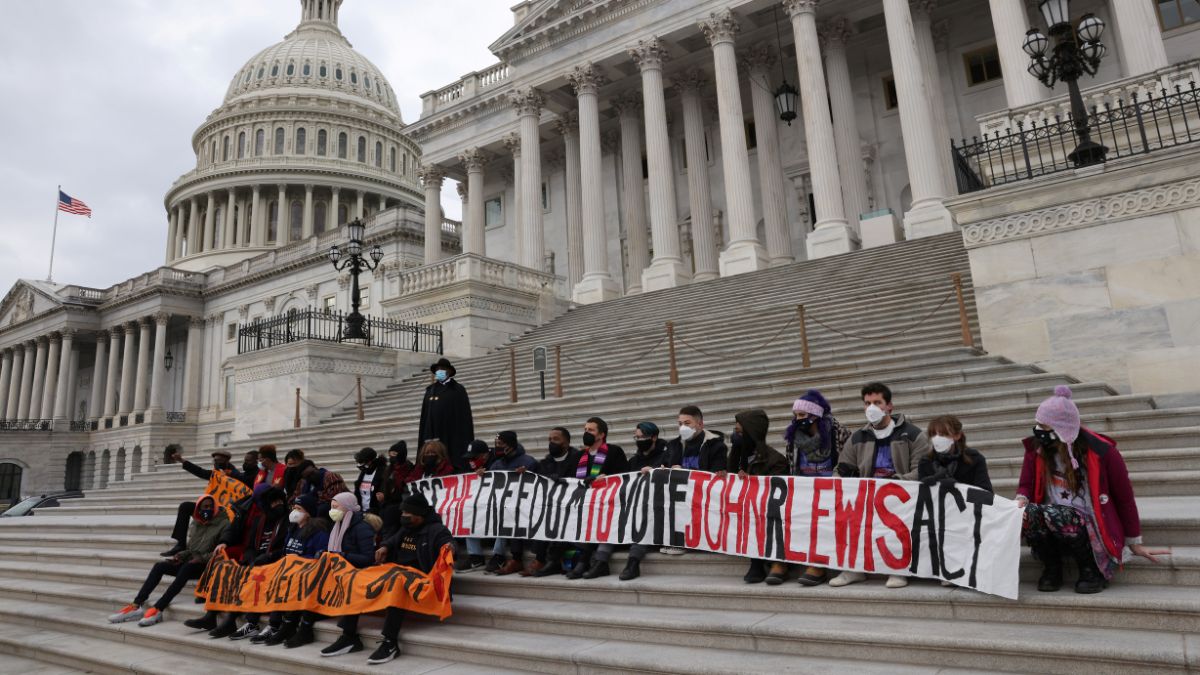 Faith leaders and students stage a sit-in protest to urge the US Senate to pass the Freedom To Vote: John R Lewis Act on the steps of the US Capitol building in Washington, US, January 18, 2022. File Image/Reuters Faith leaders and students stage a sit-in protest to urge the US Senate to pass the Freedom To Vote: John R Lewis Act on the steps of the US Capitol building in Washington, US, January 18, 2022. File Image/Reuters