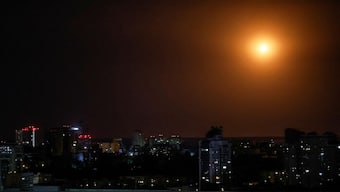 An explosion of a drone is seen in the sky over the city during a Russian drone and missile strike, amid Russia's attack on Ukraine, in Kyiv, Ukraine, June 23, 2025. File Image/Reuters