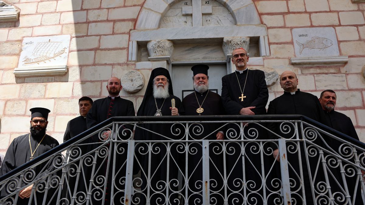 Archbishop Alexios of the Saint Porphyrius Church (C) receives Latin Patriarch of Jerusalem Pierbattista Pizzaballa (3rd-R) and Greek Orthodox Patriarch of Jerusalem Theophilos III (4th-L) during their visit to the Saint Porphyrius Church in Gaza City on July 18, 2025. AFP Archbishop Alexios of the Saint Porphyrius Church (C) receives Latin Patriarch of Jerusalem Pierbattista Pizzaballa (3rd-R) and Greek Orthodox Patriarch of Jerusalem Theophilos III (4th-L) during their visit to the Saint Porphyrius Church in Gaza City on July 18, 2025. AFP