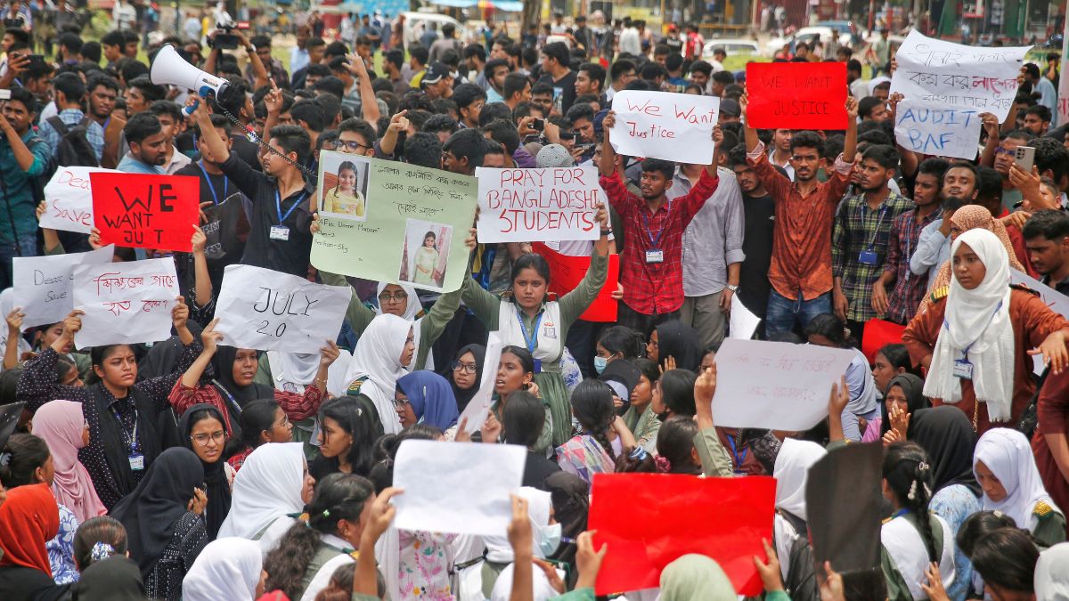 Students shout slogans during a protest near the site of the Monday crash of a Bangladesh air force training jet into a school, demanding accountability, compensation for victims' families and the halt of training flights, in Dhaka, Bangladesh, Tuesday, July 22, 2025. AP Students shout slogans during a protest near the site of the Monday crash of a Bangladesh air force training jet into a school, demanding accountability, compensation for victims' families and the halt of training flights, in Dhaka, Bangladesh, Tuesday, July 22, 2025. AP
