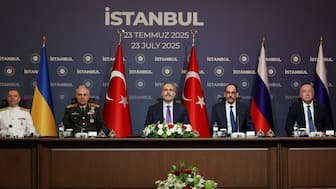 Chief of the Turkish General Staff, Metin Gurak, Turkish Foreign Minister Hakan Fidan, Turkey's intelligence chief Ibrahim Kalin attend a meeting at Ciragan Palace on the day of the third round of peace talks between Russia and Ukraine, in Istanbul, Turkey, July 23, 2025. Reuters 