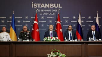 Chief of the Turkish General Staff, Metin Gurak, Turkish Foreign Minister Hakan Fidan, Turkey's intelligence chief Ibrahim Kalin attend a meeting at Ciragan Palace on the day of the third round of peace talks between Russia and Ukraine, in Istanbul, Turkey, July 23, 2025. Reuters 